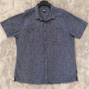 Patagonia Men Back Step Short Sleeve Shirt Hemp Cotton Button Up Blue Size XXL